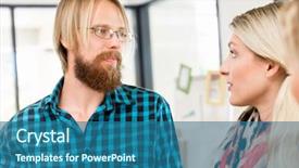  Presentation with office workers - Cool new slide deck with reporting relationship - young office workers discussing backdrop and a  colored foreground