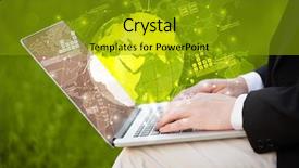  Presentation with global laptop - Amazing PPT theme having reports and stock market change backdrop and a gold colored foreground