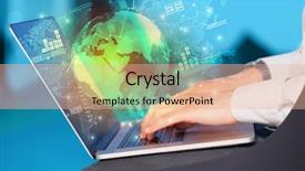  Presentation with global laptop - PPT theme having reports and stock market change background and a lemonade colored foreground