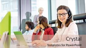  Presentation with customer service - Slides enhanced with representing - portrait of smiling customer service background and a lemonade colored foreground