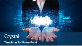  Presentation with information system - Cool new PPT theme with representation - person holding hologram screen displaying backdrop and a ocean colored foreground