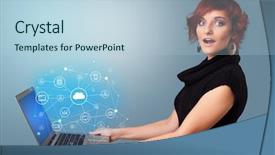  Presentation with cloud based - Cool new PPT layouts with representation - woman holding laptop projecting cloud backdrop and a light blue colored foreground
