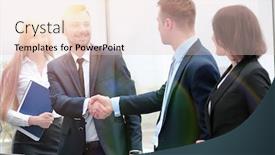  Presentation with teams - Slide set consisting of representatives of the two business teams greet each other background and a lemonade colored foreground