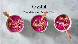  Presentation with smoothies - Beautiful slide set featuring organic fresh smoothies with beets berries granola and sesame represented in three bowls with wooden spoons on a gray concrete background with copy space top view backdrop and a light gray colored foreground