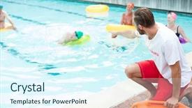  Presentation with lifeguard - Slide set featuring rescue center - male lifeguard assisting swimmers background and a  colored foreground