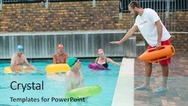  Presentation with lifeguard - PPT layouts enhanced with rescue center - male lifeguard helping swimmers background and a  colored foreground