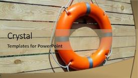  Presentation with orange life buoy splash water - Beautiful PPT layouts featuring rescue knots - life buoy on wooden background backdrop and a coral colored foreground
