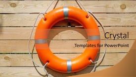  Presentation with orange life buoy splash water - Theme with rescue knots - life buoy on wooden background background and a gold colored foreground