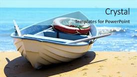  Presentation with rescue boat - PPT theme featuring rescue ship - boat on a sandy beach background and a arctic colored foreground