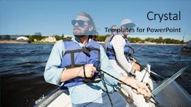  Presentation with motor boat in the sea - PPT theme with rescue ship - group of men in protective background and a light blue colored foreground