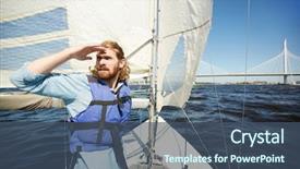  Presentation with young man on the phone - PPT layouts having rescue ship - young bearded man in lifejacket background and a ocean colored foreground