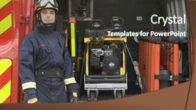  Presentation with firefighter - Presentation theme enhanced with rescue team - firefighter standing by the equipment background and a dark gray colored foreground