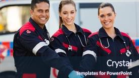  Presentation with team group - Cool new presentation theme with rescue team - group of paramedics hands together backdrop and a navy blue colored foreground