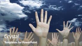  Presentation with helping hands cartoon - Beautiful PPT theme featuring rescue team - raise their hands for help backdrop and a  colored foreground