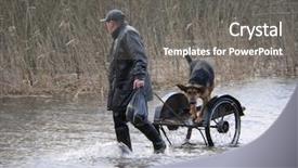  Presentation with rescue - Amazing slide set having rescueman rescue dog from flood backdrop and a gray colored foreground