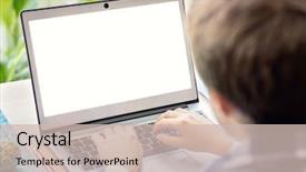  Presentation with laptop blank screen - PPT layouts enhanced with research - boy on the internet background and a soft green colored foreground
