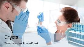  Presentation with tea leaves test tube - Beautiful presentation theme featuring research - close up two researchers look backdrop and a light blue colored foreground