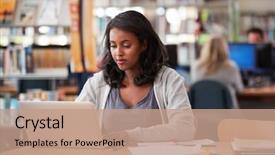  Presentation with library research - Theme enhanced with research - mature female student working background and a coral colored foreground