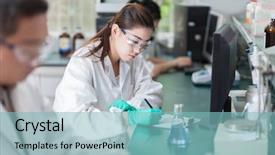  Presentation with people thought - Beautiful slide deck featuring research - people working at laboratory backdrop and a light blue colored foreground