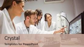  Presentation with computer science university - Audience pleasing PPT theme consisting of research - science students looking at microscopic backdrop and a coral colored foreground