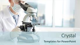  Presentation with laboratory chemical - Slide deck with research - serious clinician studying chemical element background and a sky blue colored foreground