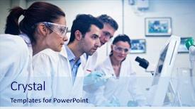  Presentation with laboratory - PPT layouts enhanced with research - side view of serious researchers background and a sky blue colored foreground