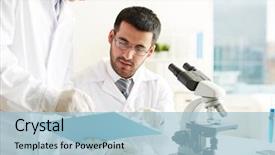  Presentation with laboratory - Slide deck having research - two clinicians discussing medical document background and a light blue colored foreground