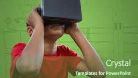  Presentation with green office - Slide set with research bicycle - boy in virtual reality headset background and a  colored foreground