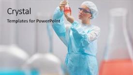  Presentation with experiment water in beaker - Cool new presentation theme with research chemistry - girl in uniform of scientist backdrop and a light gray colored foreground