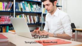  Presentation with library research - Beautiful theme featuring research computer - young man using his laptop backdrop and a coral colored foreground