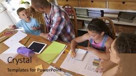  Presentation with children parents - Colorful PPT layouts enhanced with research educational - parents helping children with homework backdrop and a coral colored foreground