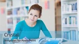  Presentation with library research - PPT theme with research educational - pretty young college student background and a teal colored foreground