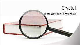  Presentation with stack books - Amazing PPT theme having research information - magnifying glass over the stack backdrop and a white colored foreground