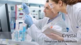  Presentation with laboratory - Slide set having research lab - group of scientists working background and a light blue colored foreground