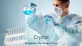  Presentation with liquid - Slides with research lab - serious clinician pouring blue liquid background and a  colored foreground