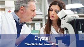 Presentation with laboratory chemical - PPT theme with research medical - people using a microscope background and a ocean colored foreground