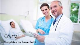  Presentation with digital hospital - Slide deck featuring research nursing - doctor and nurse discussing background and a light blue colored foreground