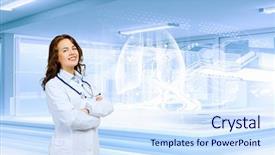  Presentation with scientist innovation - Beautiful PPT theme featuring research nursing - image of young woman scientist backdrop and a  colored foreground