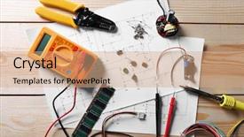 Presentation with electrical components - Theme featuring research paper electrical - electronic components on engineering drawings background and a coral colored foreground