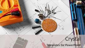  Presentation with electronic components - Amazing theme having research paper electrical - electronic components on engineering drawings backdrop and a light gray colored foreground