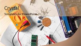  Presentation with electronic components - PPT theme with research paper electrical - electronic components on engineering drawings background and a coral colored foreground