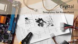  Presentation with electrical components - Amazing slides having research paper electrical - electronic components on engineering drawings backdrop and a soft green colored foreground