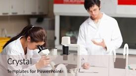  Presentation with science spectrum - PPT theme with research paper microbiology - young science students making experiments background and a coral colored foreground