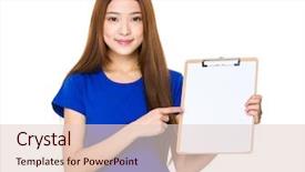  Presentation with weight loss woman showing - Slide set consisting of research paper sport - woman show with check list background and a  colored foreground