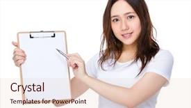  Presentation with book and pen - Audience pleasing presentation theme consisting of research paper sport - young woman pen point backdrop and a  colored foreground