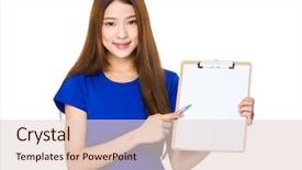  Presentation with show - Slide set having research paper sport - young woman show with blank background and a  colored foreground