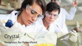  Presentation with laboratory - Colorful theme enhanced with research report chemistry - three scientists working backdrop and a  colored foreground