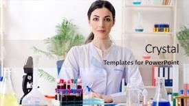 Presentation with chemist - Beautiful presentation design featuring research report chemistry - young female chemist working backdrop and a soft green colored foreground