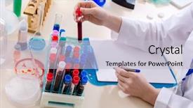  Presentation with chemist - Cool new slide deck with research report chemistry - young female chemist working backdrop and a light gray colored foreground