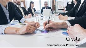  Presentation with financial - Audience pleasing slide deck consisting of research review - business people team discussing financial backdrop and a sky blue colored foreground